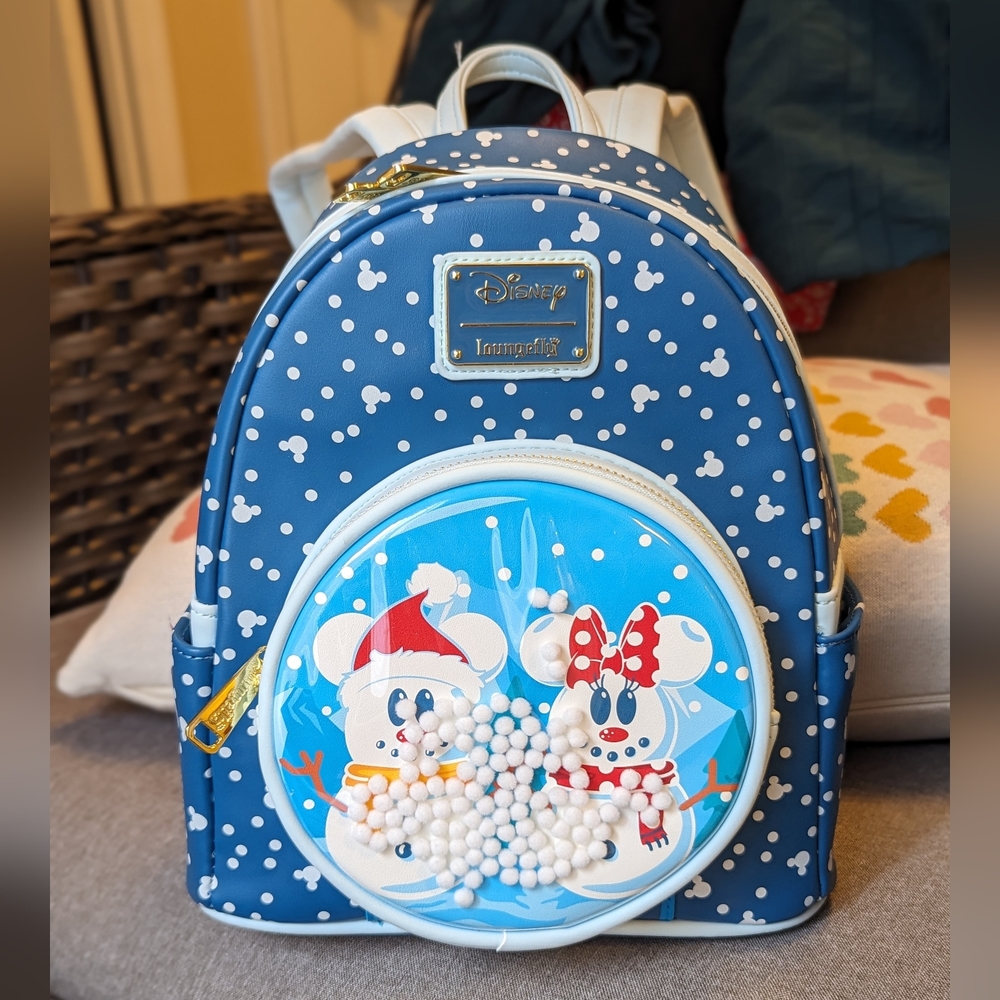 Disney Loungefly Mickey & Minnie Mouse Snowman Snow globe bag backpack